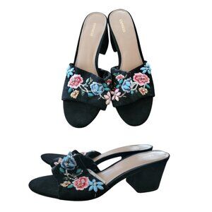 Express black floral embroidered suede block heel mules